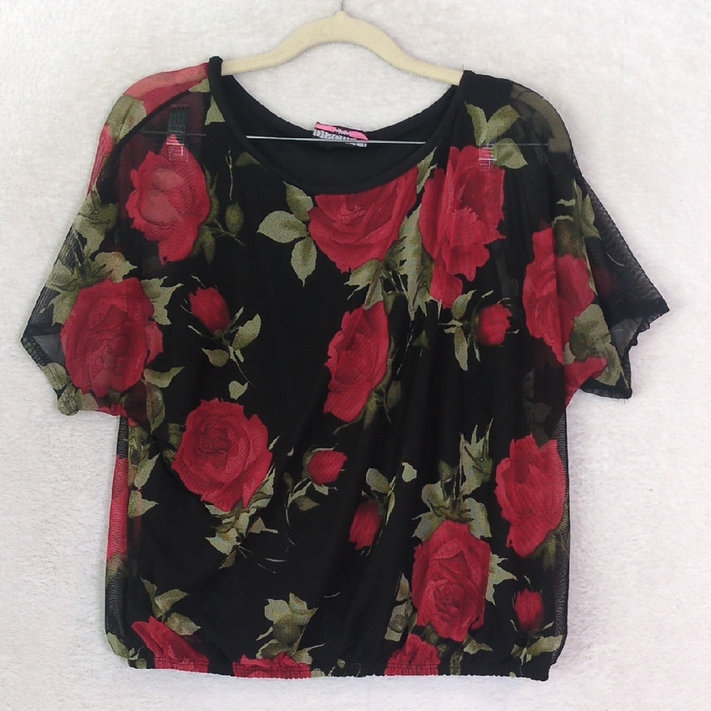 DISCREET Women's Rose Sheer Whimsigoth Blouse Size M